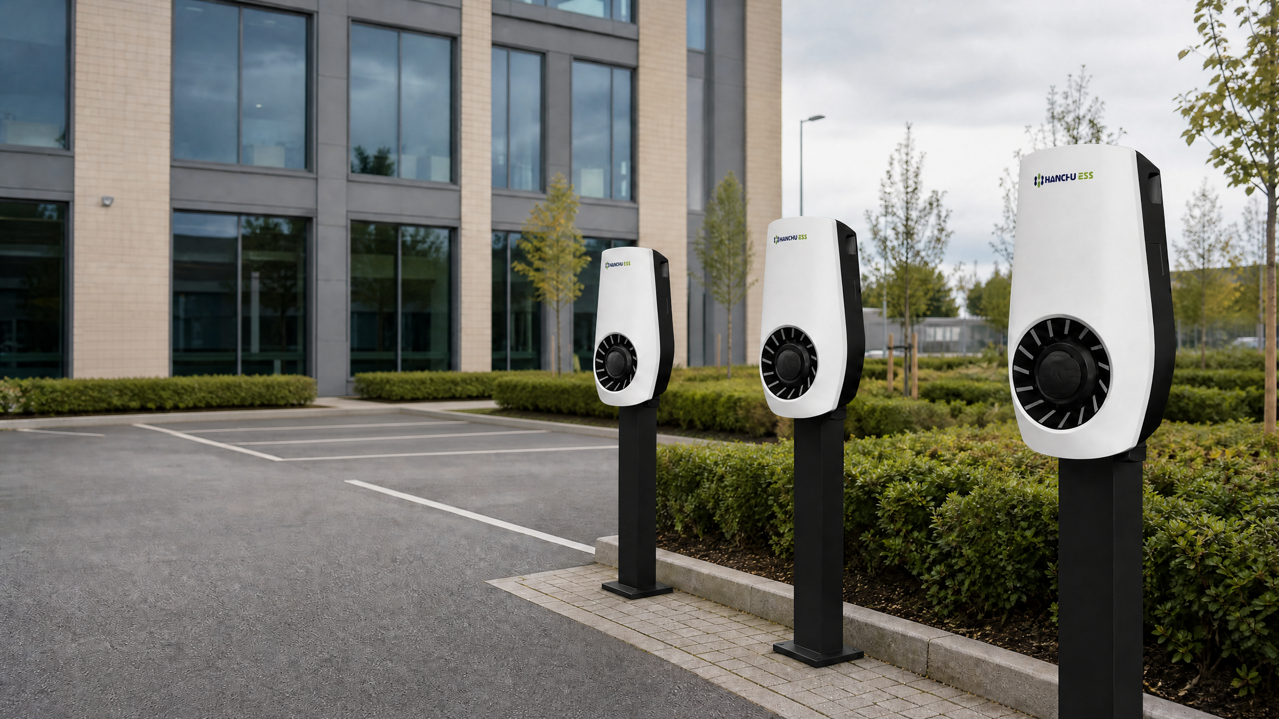 Vehicle-free Hanchu ESS EV charger installation at a UK commercial office car park by Home Energy Group