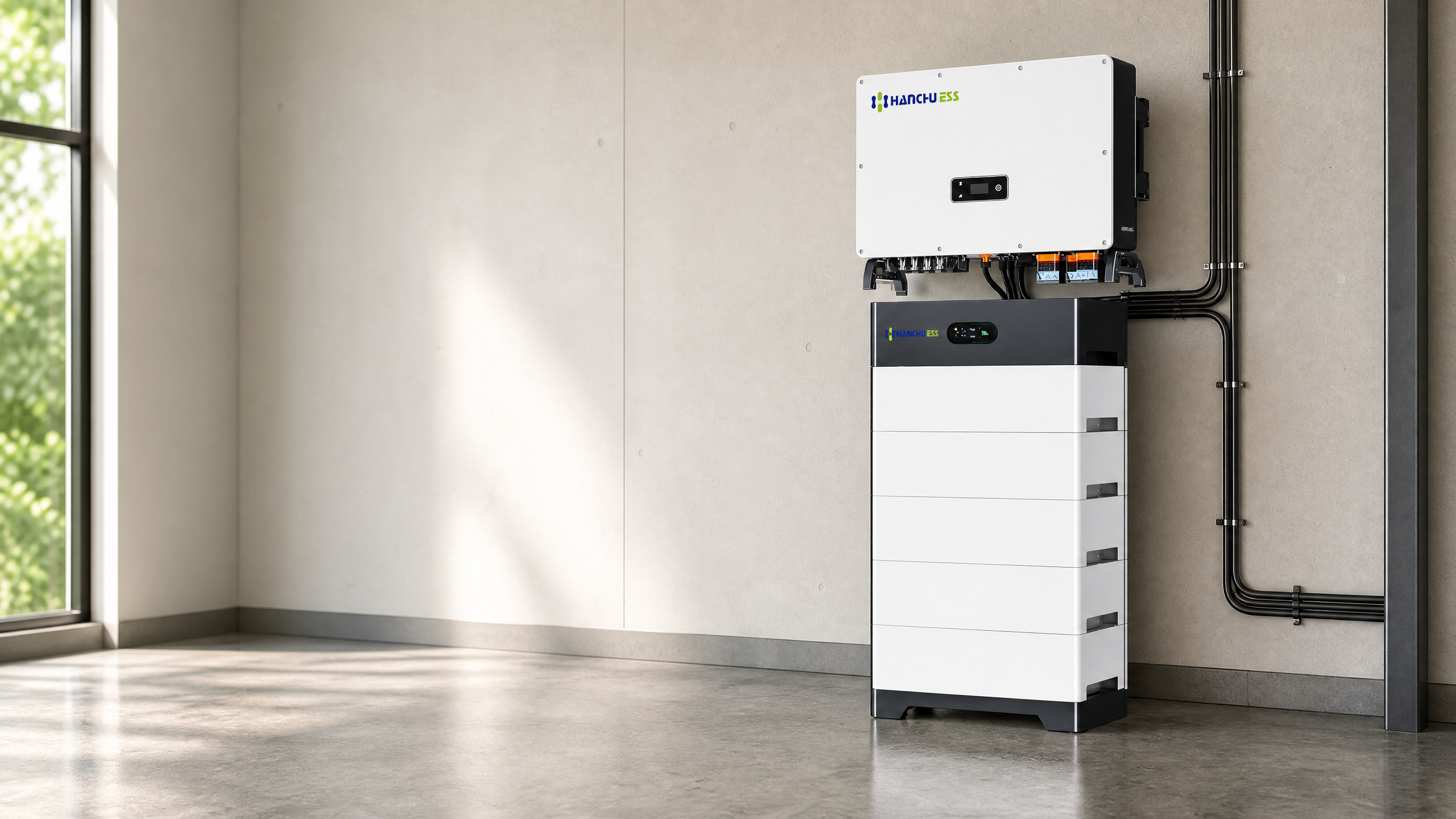Hanchu ESS commercial controller and high-voltage battery stack with branded BDU display in an illustrative commercial energy room