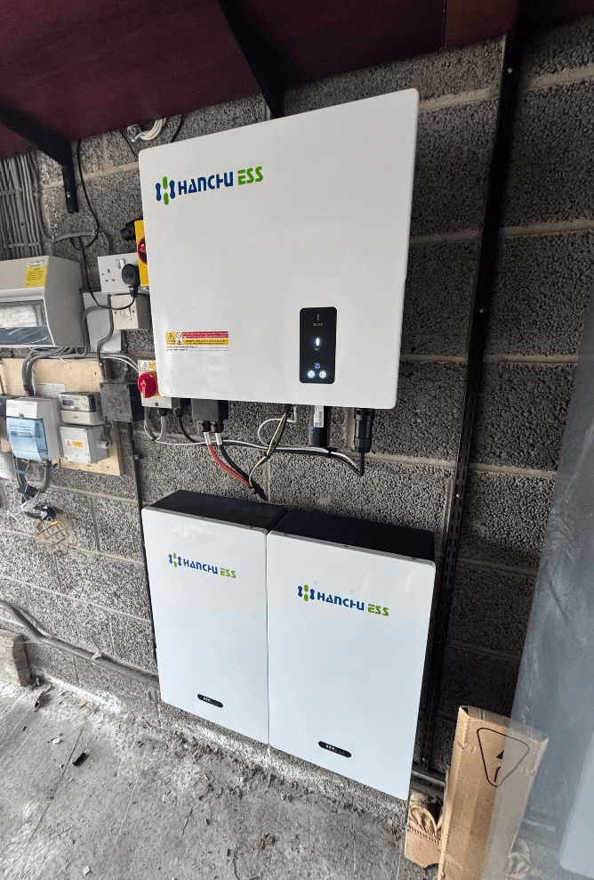 HEG Renewables Hanchu ESS hybrid inverter with twin home battery installation in Yorkshire